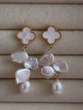 Mother of Pearl Clover Baroque Pearl Drop Earrings